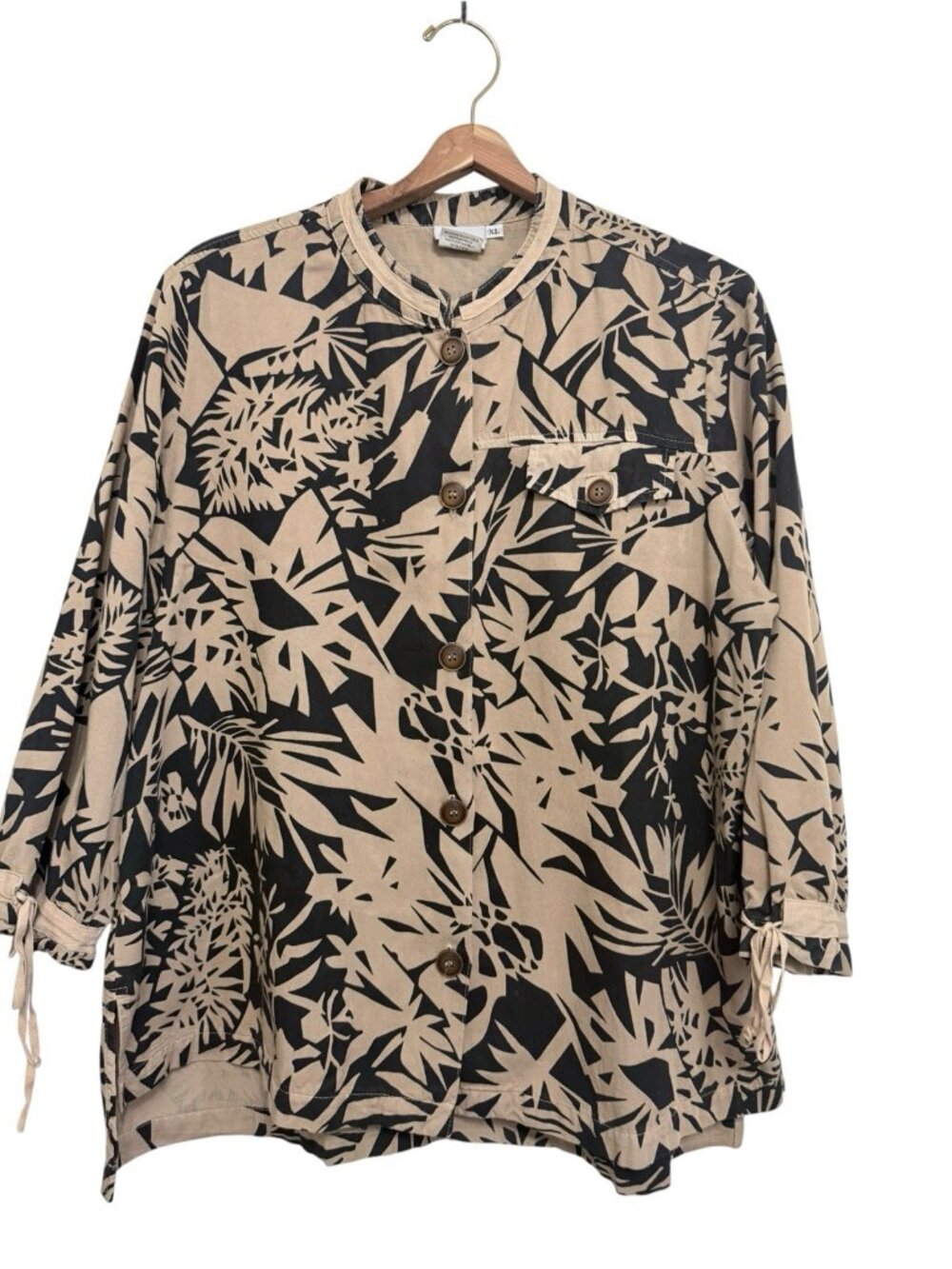Hot Cotton Womens XL Beige Black Safari Boho Blouse Size XL Button Front Vintage